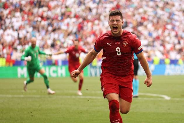 Slovenia Vs Serbia in Munich, Germany - 20 Jun 2024 Luka Jovic of Serbia celebrates after scoring a goal during the UEFA EURO, EM, Europameisterschaft,Fussball 2024 group stage match between Slovenia and Serbia at Munich Football Arena. (Final score; Slovenia 1:1 Serbia) Munich Germany Copyright: xSergeixMikhailichenkox xSOPAxImagesx 23Mikhailichenko_Slo-Ser
