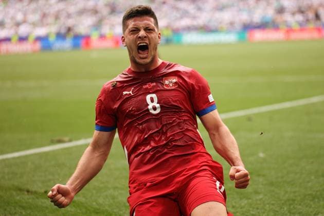 Slovenia Vs Serbia in Munich, Germany - 20 Jun 2024 Luka Jovic of Serbia celebrates a goal during the UEFA EURO, EM, Europameisterschaft,Fussball 2024 group stage match between Slovenia and Serbia at Munich Football Arena. (Final score; Slovenia 1:1 Serbia) Munich Germany Copyright: xSergeixMikhailichenkox xSOPAxImagesx 25Mikhailichenko_Slo-Ser