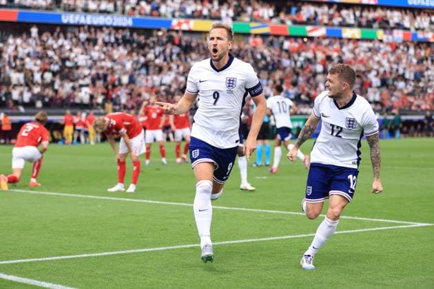 Football - UEFA EURO, EM, Europameisterschaft,Fussball 2024 - Group C - Denmark v England 20th June 2024 - UEFA EURO 2024 - Group C - Denmark v England - Harry Kane of England celebrates with Kieran Trippier of England after scoring their 1st goal - Photo: Simon Stacpoole Offside. Frankfurt Germany Copyright: xSimonxStacpoolexOffside