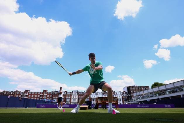 21st June 2024; Cinch Championships, Queens Club, West Kensington, London, England: Cinch Championships Queens Club, Day 5; Carlos Alcaraz during a practice session at the Queens club tennis centre  ActionPlus12657695 ShaunxBrooks