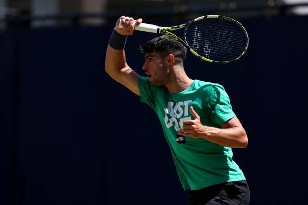 21st June 2024; Cinch Championships, Queens Club, West Kensington, London, England: Cinch Championships Queens Club, Day 5; Carlos Alcaraz during a practice session at the Queens club tennis centre  ActionPlus12657698 ShaunxBrooks