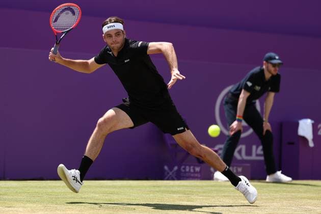 21st June 2024; Cinch Championships, Queens Club, West Kensington, London, England: Cinch Championships Queens Club, Day 5; Taylor Fritz (USA) in action during his mens quarterfinal match against Jordan Thompson (AUS)  ActionPlus12657704 ShaunxBrooks