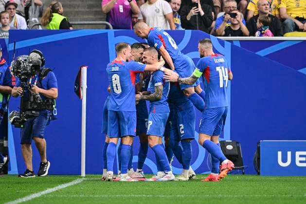 Torjubel zum 1:0 durch Ivan Schranz 26 (Slowakai), Slowakai vs. Ukraine, Fussball, UEFA EURO, EM, Europameisterschaft,Fussball 2024, Gruppenphase, 2. Spieltag, 21.06.2024 Düsseldorf Nordrhein-Westfalen Deutschland