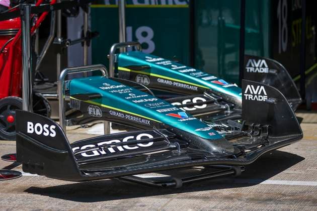 Aston Martin F1 Team AMR23, mechanical detail, front wing during the Formula 1 Aramco Gran Premio de Espana 2024, 10th round of the 2024 Formula One World Championship, WM, Weltmeisterschaft from June 21 to 23, 2024 on the Circuit de Barcelona-Catalunya, in Montmeló, Spain - F1 - SPANISH GRAND PRIX 2024 DPPI Panoramic  _240621_R10_SPAGNA_DP_EA021788