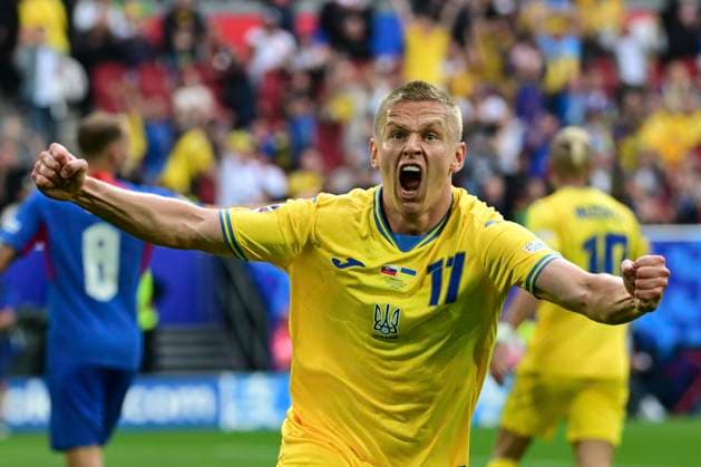 Torjubel zum 1:0 durch Mykola Shaparenko 19 (Ukraine), Slowakai vs. Ukraine, Fussball, UEFA EURO, EM, Europameisterschaft,Fussball 2024, Gruppenphase, 2. Spieltag, 21.06.2024 Düsseldorf Nordrhein-Westfalen Deutschland