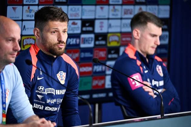 Neuruppin, Germany, 210624. Croatian national team, Nationalteam members Dominik Livakovic and Bruno Petkovic at the media conference of the Croatian national football team at UEFA EURO, EM, Europameisterschaft,Fussball 2024 European Football Championship. Photo: Ante Cizmic CROPIX Croatia Copyright: xxAntexCizmicx xCROPIXx petkovic_livakovic15-210624