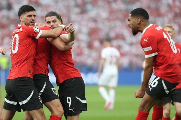 SOCCER - UEFA EURO, EM, Europameisterschaft,Fussball 2024 BERLIN,GERMANY,21.JUN.24 - UEFA EURO 2024, group stage, Austria vs Poland. Image shows the rejoicing of Florian Grillitsc, Gernot Trauner, Marcel Sabitzer and Phillipp Mwene (AUT).  GEPAxpictures xArminxRauthner