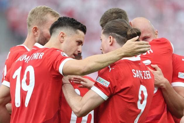 SOCCER - UEFA EURO, EM, Europameisterschaft,Fussball 2024 BERLIN,GERMANY,21.JUN.24 - UEFA EURO 2024, group stage, Austria vs Poland. Image shows the rejoicing of AUT with Christoph Baumgartner and Marcel Sabitzer (AUT) .  GEPAxpictures xArminxRauthner