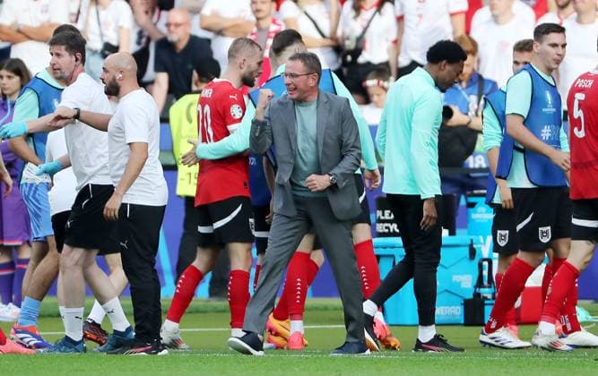 Trainer Ralf Rangnick jubelt nach 1: 2 Freude Emotion Jubel Fußball Fussball Europameisterschaft Euro 2024 EM Herren Saison 2023 2024 21.06.2024 Polen POL vs. Österreich AUT in Berlin DFL regulations prohibit any use of photographs as image sequences and or quasi-video.