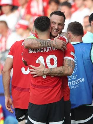 SOCCER - UEFA EURO, EM, Europameisterschaft,Fussball 2024 BERLIN,GERMANY,21.JUN.24 - UEFA EURO 2024, group stage, Austria vs Poland. Image shows the rejoicing of Marko Arnautovic and Christoph Baumgartner (AUT).  GEPAxpictures xArminxRauthner