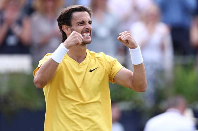 21st June 2024; Cinch Championships, Queens Club, West Kensington, London, England: Cinch Championships Queens Club, Day 5; Lorenzo Musetti (ITA) celebrates after he wins the mens quarterfinal match against Billy Harris (GBR)  ActionPlus12657933 ShaunxBrooks