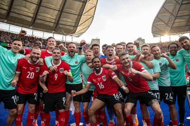 BERLIN, GERMANY - JUNE 21: players of Austria national team, Nationalteam celebrates winning the UEFA EURO, EM, Europameisterschaft,Fussball 2024 group stage match between Poland and Austria at Olympiastadion on June 21, 2024 in Berlin, Germany. Photo Sebastian Frej Poland v Austria Copyright: xx