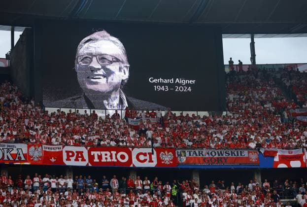 The big screen displays a message of remembrance for former UEFA General Secretary Gerhard Aigner Poland v Austria, UEFA European Championship, EM, Europameisterschaft 2024, Group D, Football, Olympiastadion, Berlin, Germany, 21 Jun 2024 EDITORIAL USE ONLY No use with unauthorised audio, video, data, fixture lists, club league logos or live services. Online in-match use limited to 120 images, no video emulation. No use in betting, games or single club league player publications. Copyright: xKieranxMcManus Shutterstockx 14543876bv