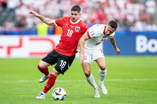 UEFA EURO, EM, Europameisterschaft,Fussball 2024: Polen - Österreich; 21.06.2024 Romano Schmid (Österreich, 18), Przemyslaw Frankowski (Polen, 19) UEFA EURO 2024: Polen - Österreich; Olympiastadion, Berlin; 21.06.2024 Copyright: xBEAUTIFULxSPORTS Buriakovx