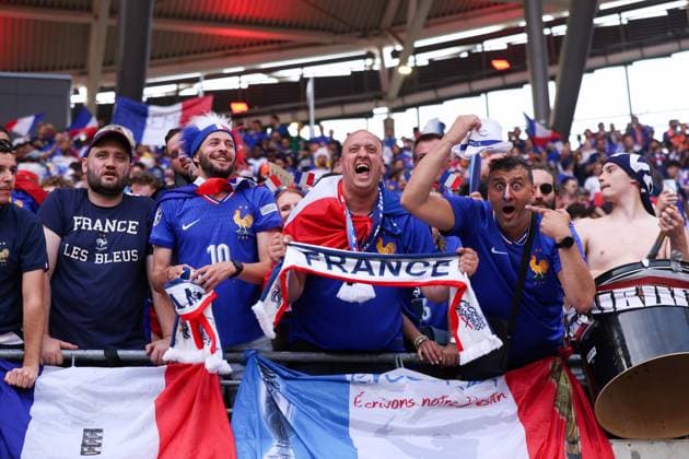 2024-06-21 Netherlands v France - Group D - UEFA EURO, EM, Europameisterschaft,Fussball 2024 LEIPZIG, GERMANY - JUNE 21: Fans and supporters of France during the Group D - UEFA EURO 2024 match between Netherlands and France at Red Bull Arena on June 21, 2024 in Leipzig, Germany. (Photo by Peter Lous BSR Agency) Leipzig Germany Content not available for redistribution in The Netherlands directly or indirectly through any third parties. Copyright: xBSRxAgencyx