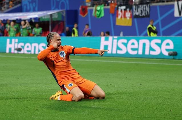 Sport Bilder des Tages (240622) -- LEIPZIG, June 22, 2024 -- Xavi Simons of the Netherlands celebrates a goal which was later disallowed during the UEFA EURO, EM, Europameisterschaft,Fussball 2024 Group D match between France and the Netherlands in Leipzig, Germany on June 21, 2024. ) (SP)GERMANY-LEIPZIG-FOOTBALL-EURO 2024-FRANCE VS THE NETHERLANDS BaixXuefei 