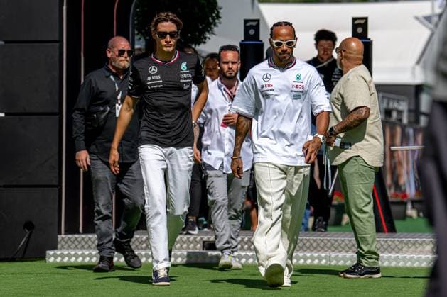 MONTMELO, SPAIN: Lewis Hamilton and George Russell, racing for the Mercedes F1 team during the 2024 Formula 1 Spanish Grand Prix at the Circuit de Barcelona-Catalunya in Montmelo, Spain