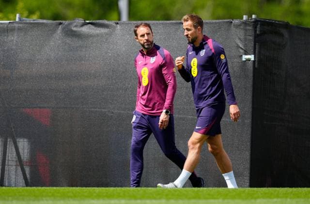 England manager Gareth Southgate and Harry Kane of England England Training Session and press conference, PK, Pressekonferenz UEFA European Championship, EM, Europameisterschaft 2024, Group C, Football, Spa & Golf Resort Weimarer Land, Blankenhain, Germany, 22 Jun 2024 EDITORIAL USE ONLY No use with unauthorised audio, video, data, fixture lists, club league logos or live services. Online in-match use limited to 120 images, no video emulation. No use in betting, games or single club league player publications.  Copyright: xDavexShopland Shutterstockx 14548012l