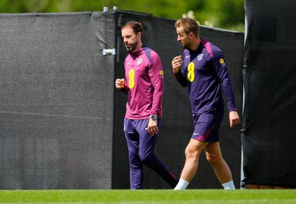 England manager Gareth Southgate and Harry Kane of England England Training Session and press conference, PK, Pressekonferenz UEFA European Championship, EM, Europameisterschaft 2024, Group C, Football, Spa & Golf Resort Weimarer Land, Blankenhain, Germany, 22 Jun 2024 EDITORIAL USE ONLY No use with unauthorised audio, video, data, fixture lists, club league logos or live services. Online in-match use limited to 120 images, no video emulation. No use in betting, games or single club league player publications.  Copyright: xDavexShopland Shutterstockx 14548012k