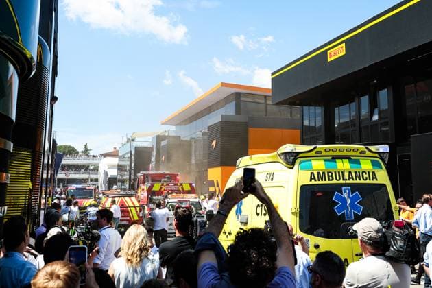 McLaren F1 Team motorhome on fire in the paddock during the Formula 1 Aramco Gran Premio de Espana 2024, 10th round of the 2024 Formula One World Championship, WM, Weltmeisterschaft from June 21 to 23, 2024 on the Circuit de Barcelona-Catalunya, in Montmeló, Spain - F1 - SPANISH GRAND PRIX 2024 DPPI Panoramic  240622_R10_SPAGNA_DP_FGOO0828