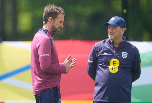England manager Gareth Southgate and England assistant manager Steve Holland England Training Session and press conference, PK, Pressekonferenz UEFA European Championship, EM, Europameisterschaft 2024, Group C, Football, Spa & Golf Resort Weimarer Land, Blankenhain, Germany, 22 Jun 2024 EDITORIAL USE ONLY No use with unauthorised audio, video, data, fixture lists, club league logos or live services. Online in-match use limited to 120 images, no video emulation. No use in betting, games or single club league player publications.  Copyright: xDavexShopland Shutterstockx 14548012x