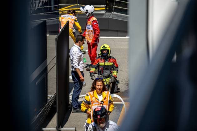 MONTMELO, SPAIN: Fire in the McLaren motorhome during the 2024 Formula 1 Spanish Grand Prix at the Circuit de Barcelona-Catalunya in Montmelo, Spain