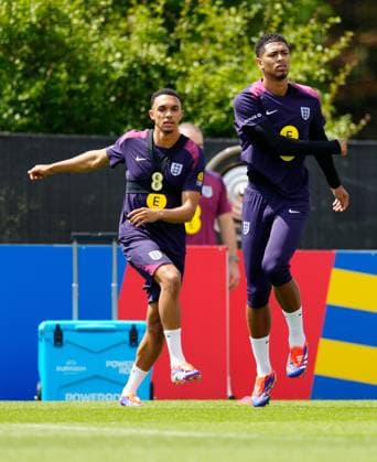 Trent Alexander-Arnold of England and Jude Bellingham of England England Training Session and press conference, PK, Pressekonferenz UEFA European Championship, EM, Europameisterschaft 2024, Group C, Football, Spa & Golf Resort Weimarer Land, Blankenhain, Germany, 22 Jun 2024 EDITORIAL USE ONLY No use with unauthorised audio, video, data, fixture lists, club league logos or live services. Online in-match use limited to 120 images, no video emulation. No use in betting, games or single club league player publications.  Copyright: xDavexShopland Shutterstockx 14548012ac
