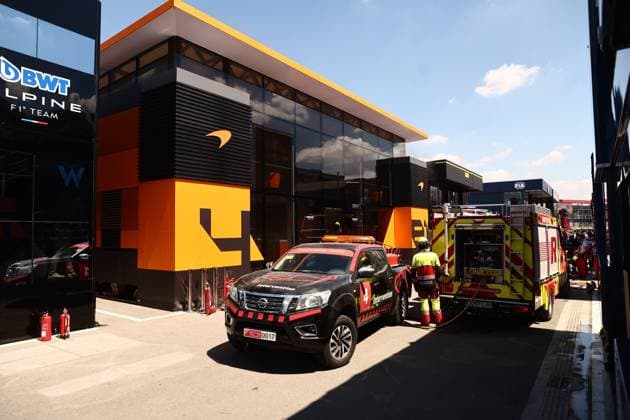 F1 Spanish Grand Prix 2024 Practice 3 Fire at McLaren hospitality before third practice ahead of the Formula 1 Spanish Grand Prix at Circuit de Barcelona-Catalunya in Barcelona, Spain on June 22, 2024. Barcelona Spain  Copyright: xJakubxPorzyckix originalFilename:porzycki-f1spanis240622_npRjv.jpg