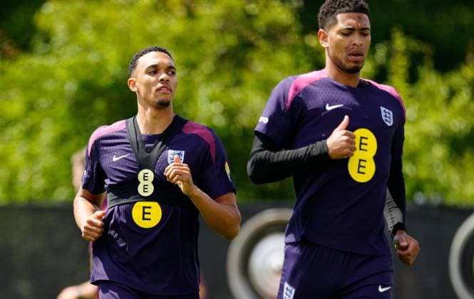 Trent Alexander-Arnold of England and Jude Bellingham of England England Training Session and press conference, PK, Pressekonferenz UEFA European Championship, EM, Europameisterschaft 2024, Group C, Football, Spa & Golf Resort Weimarer Land, Blankenhain, Germany, 22 Jun 2024 EDITORIAL USE ONLY No use with unauthorised audio, video, data, fixture lists, club league logos or live services. Online in-match use limited to 120 images, no video emulation. No use in betting, games or single club league player publications.  Copyright: xDavexShopland Shutterstockx 14548012aj