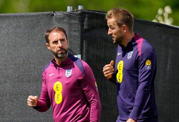 Gareth Southgate manager of England with captain Harry Kane England Training Session and press conference, PK, Pressekonferenz UEFA European Championship, EM, Europameisterschaft 2024, Group C, Football, Spa & Golf Resort Weimarer Land, Blankenhain, Germany, 22 Jun 2024 EDITORIAL USE ONLY No use with unauthorised audio, video, data, fixture lists, club league logos or live services. Online in-match use limited to 120 images, no video emulation. No use in betting, games or single club league player publications.  Copyright: xDavexShopland Shutterstockx 14548012bs