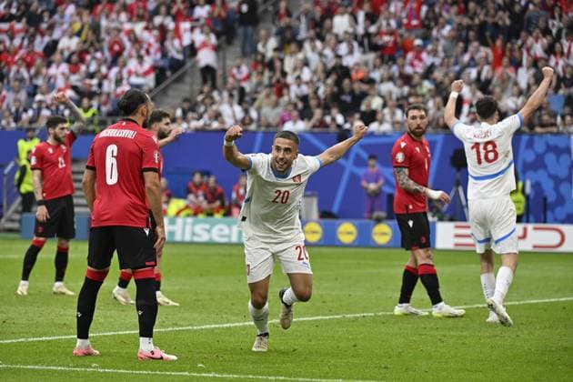 Ondrej Lingr (CZE; 20) celebrates goal (1:1) by Patrik Schick (not seen) during the Group F match of the European Football Championship: Georgia vs Czechia, in Hamburg, Germany, on June 22, 2024. (CTKxPhoto VitxSimanek) CTKPhotoP2024062204065  CTKPhotoP2024062204065