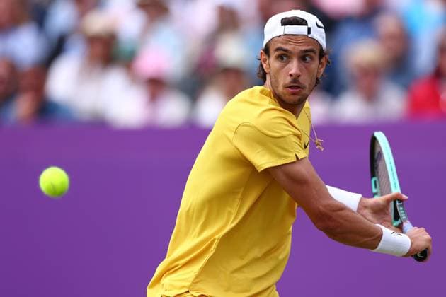 22nd June 2024; Cinch Championships, Queens Club, West Kensington, London, England: Cinch Championships Queens Club, Day 6; Lorenzo Musetti (ITA) in action during the mens semifinal match against Jordan Thompson (AUS)  ActionPlus12658522 ShaunxBrooks
