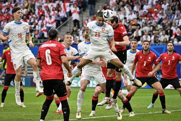 L-R in front Ladislav Krejci II (CZE), Giorgi Kochorashvili (GEO), Ondrej Lingr (CZE) and Solomon Kvirkvelia (GEO) in action during the Group F match of the European Football Championship: Georgia vs Czechia, in Hamburg, Germany, on June 22, 2024. (CTKxPhoto VitxSimanek) CTKPhotoP2024062204425  CTKPhotoP2024062204425