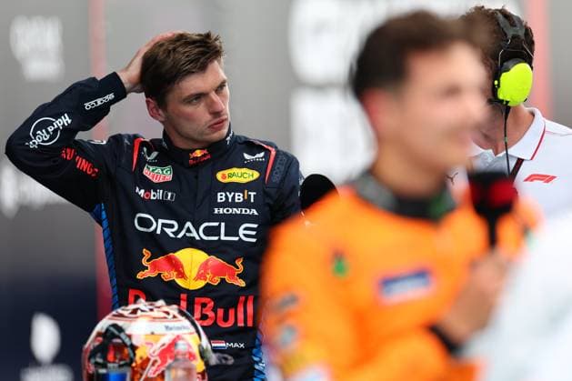 Second Place Max Verstappen of the Netherlands and Oracle Red Bull Racing looks towards First Place Lando Norris of Great Britain and McLaren jubelt nach dem Treffer zum, Qualifying, F1 Grand Prix of Spain, Circuit de Barcelona-Catalunya am 22. June 2024 in Barcelona, Spain. (Foto von Diogo Cardoso DeFodi Images) Second Place Max Verstappen of the Netherlands and Oracle Red Bull Racing looks towards First Place Lando Norris of Great Britain and McLaren in parc ferme, Qualifying, F1 Grand Prix of Spain, Circuit de Barcelona-Catalunya on June 22, 2024 in Barcelona, Spain. (Photo by Diogo Cardoso DeFodi Images) Defodi-645_f1spa20240622_2959