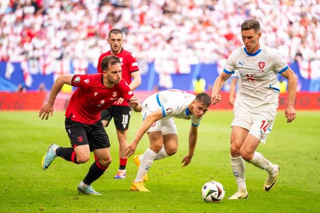 Georgia v Czechia, UEFA EURO, EM, Europameisterschaft,Fussball 2024, Hamburg, Germany Hamburg, Germany. 22nd, June 2024. Lukas Provod (14) of Czechia and Otar Kakabadze (2) of Georgia seen during the UEFA Euro 2024 match in Group B between Georgia and Czechia at Volksparkstadion in Hamburg. Hamburg Germany  Copyright: xGonzalesxPhoto FrederikkexJensenx