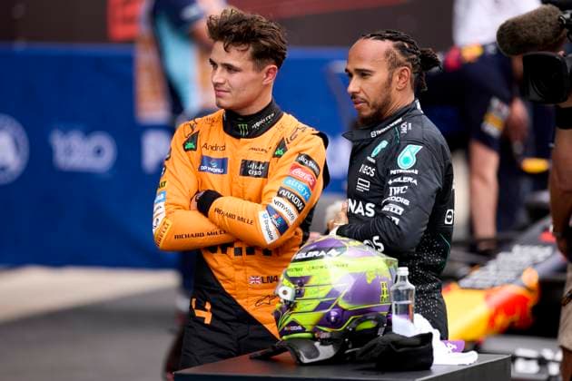 F1 Grand Prix of Spain - Qualifying Lando Norris of Great Britain and McLaren Formula 1 Team speaks with Lewis Hamilton of Great Britain and Mercedes AMG Petronas F1 Team after the Qualifying ahead of the F1 Grand Prix of Spain at Circuit de Barcelona-Catalunya on June 22, 2024, in Barcelona, Spain. Barcelona Circuit de Barcelona-Catalunya Catalunya Spain RL_GPF1ESP24_00885 Copyright: xRicardoxLarreinax