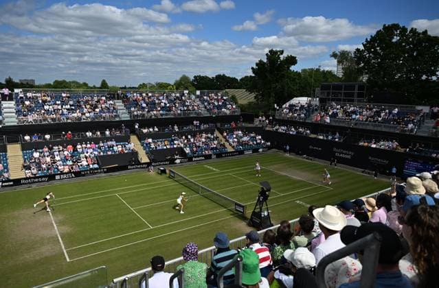 A general view of Shuai Zhang of China and Miyu Kato of Japan in doubles semi final action against Marie Bouzkova of the Czech Republic and Sara Sorribes Tormo of Spain Rothesay Classic Birmingham, Day 6, Tennis, Edgbaston Priory Club, Birmingham, UK - 22 June 2024  Copyright: xAnnaxGowthorpe Shutterstockx 14543330br
