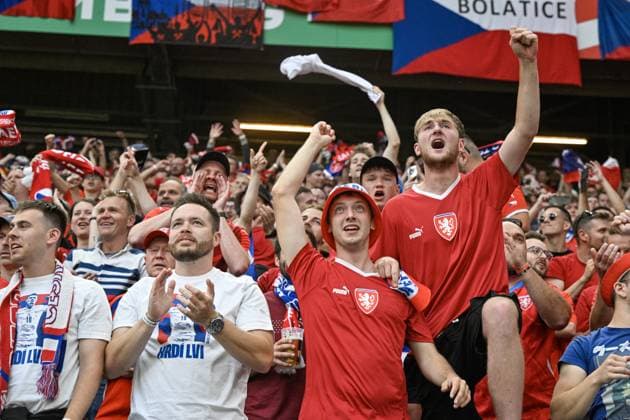 Czech fans celebrate a goal during the Group F match of the European Football Championship: Georgia vs Czechia, in Hamburg, Germany, on June 22, 2024. (CTKxPhoto VitxSimanek) CTKPhotoP2024062205015  CTKPhotoP2024062205015