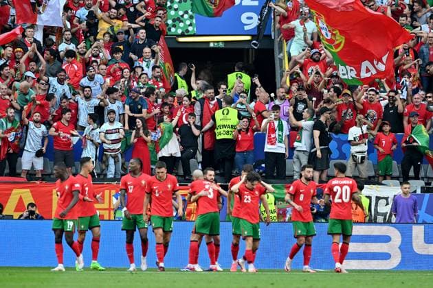 22.06.2024, xsltx, Fussball EM 2024, Türkei - Portugal emspor, v.l. Torjubel nach dem Eigentor zum 0:2 durch Samet Akaydin (Türkei Tuerkei) Bruno Miguel Bonges Fernandes (Portugal) Vitor Machado Ferreira Vitinha (Portugal) (DFL DFB REGULATIONS PROHIBIT ANY USE OF PHOTOGRAPHS as IMAGE SEQUENCES and or QUASI-VIDEO) Dortmund