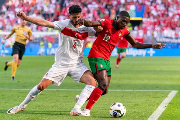 2024-06-22 Turkiye v Portugal - Group F - UEFA EURO, EM, Europameisterschaft,Fussball 2024 DORTMUND, GERMANY - JUNE 22: Samet Akaydin of Turkiye battles for the ball with Nuno Mendes of Portugal during the Group F - UEFA EURO 2024 match between Turkiye and Portugal at BVB Stadion Dortmund on June 22, 2024 in Dortmund, Germany. (Photo by Joris Verwijst BSR Agency) Dortmund Germany Content not available for redistribution in The Netherlands directly or indirectly through any third parties. Copyright: xBSRxAgencyx