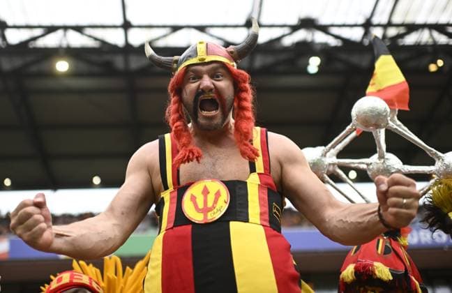 Red devils fan Obelgix Nicolas Dardenne pictured in the stands ahead of a soccer game between Belgian national soccer team Red Devils and Romania, Saturday 22 June 2024 in Cologne, Germany, the second match in the group stage of the UEFA EURO, EM, Europameisterschaft,Fussball 2024 European championships. DIRKxWAEM  x95075446x