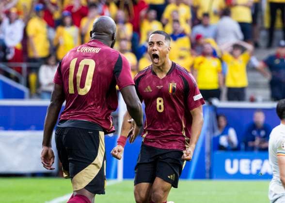 Koeln, RheinEnergieStadion, 22.06.2024: Youri Tielemans of belgium celebrates scoring the 1:0 goal with Romelu Lukaku of belgium during the match UEFA European Championship, EM, Europameisterschaft 2024 Belgium v. Romania.