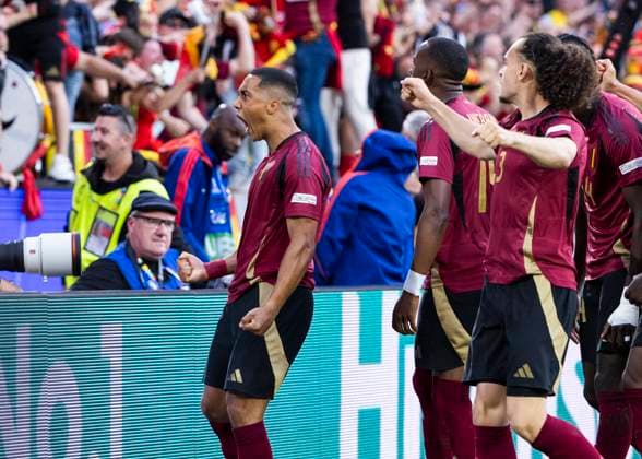 Koeln, RheinEnergieStadion, 22.06.2024: Youri Tielemans of belgium (M) celebrates scoring the 1:0 goal during the match UEFA European Championship, EM, Europameisterschaft 2024 Belgium v. Romania.