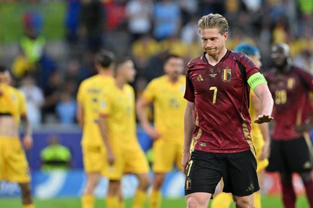 240622 EURO2024 BELGIUM VS ROMANIA Kevin De Bruyne (7) of Belgium reacts during a soccer game between the national teams of Belgium, called the Red Devils and Romania on the second matchday in Group E in the group stage of the UEFA EURO, EM, Europameisterschaft,Fussball 2024 tournament , on Saturday 22 June 2024 in Cologne , Germany . PHOTO SPORTPIX David Catry Cologne GERMANY  Copyright: xx 466896