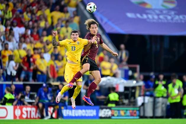 Belgium v Romania Group E - UEFA EURO, EM, Europameisterschaft,Fussball 2024 COLOGNE, GERMANY - JUNE 22 : Valentin Mihaila forward of Romania and Faes Wout defender of Belgium during the UEFA EURO 2024 European Football Championship tournament group E stage match between Belgium and Romania at Cologne Stadium on June 22, 2024 in Cologne, Germany, 22 06 2024 Cologne Germany  Copyright: xPeterxDexVoechtx