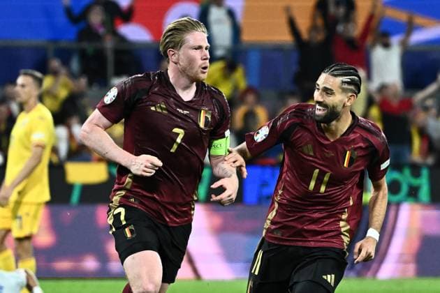 240622 EURO2024 BELGIUM VS ROMANIA Kevin De Bruyne (7) of Belgium celebrates with Yannick Carrasco (11) of Belgium after scoring the 2-0 goal during a soccer game between the national teams of Belgium, called the Red Devils and Romania on the second matchday in Group E in the group stage of the UEFA EURO, EM, Europameisterschaft,Fussball 2024 tournament , on Saturday 22 June 2024 in Cologne , Germany . PHOTO Isosport Maarten Straetemans Cologne GERMANY  Copyright: xx 467016