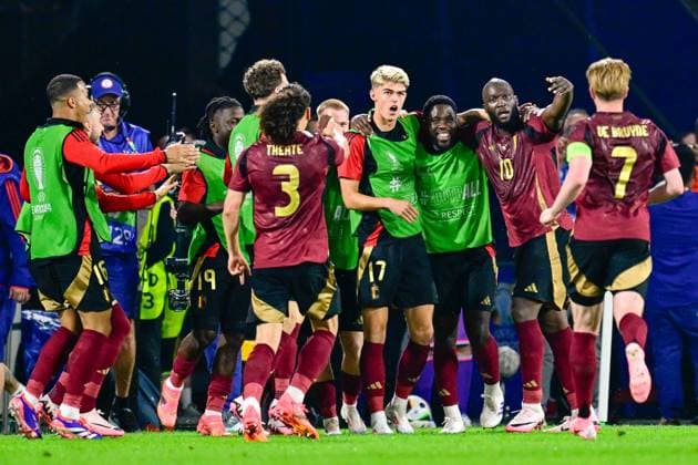 Belgium v Romania Group E - UEFA EURO, EM, Europameisterschaft,Fussball 2024 COLOGNE, GERMANY - JUNE 22 : The team of Belgium after the own goal of Lukaku Romelu forward of Belgium during the UEFA EURO 2024 European Football Championship tournament group E stage match between Belgium and Romania at Cologne Stadium on June 22, 2024 in Cologne, Germany, 22 06 2024 Cologne Germany  Copyright: xPeterxDexVoechtx