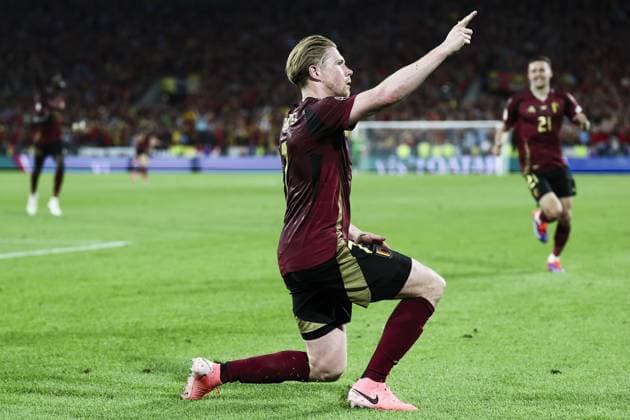 Belgium s Kevin De Bruyne celebrates after scoring during a soccer game between Belgian national soccer team Red Devils and Romania, Saturday 22 June 2024 in Cologne, Germany, the second match in the group stage of the UEFA EURO, EM, Europameisterschaft,Fussball 2024 European championships. BRUNOxFAHY  x95084839x