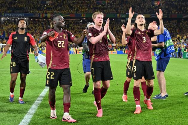 240622 EURO2024 BELGIUM VS ROMANIA players of Belgium celebrate after winning a soccer game between the national teams of Belgium, called the Red Devils and Romania on the second matchday in Group E in the group stage of the UEFA EURO, EM, Europameisterschaft,Fussball 2024 tournament , on Saturday 22 June 2024 in Cologne , Germany . PHOTO SPORTPIX David Catry Cologne GERMANY  Copyright: xx 467045