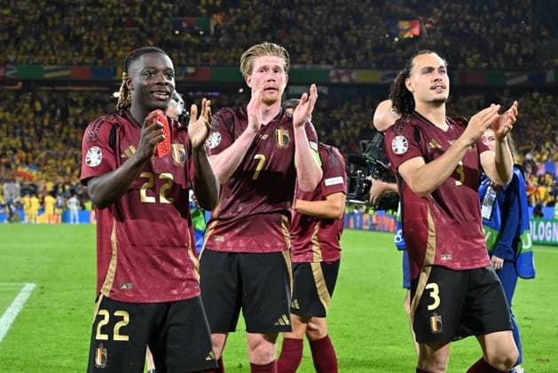 240622 EURO2024 BELGIUM VS ROMANIA players of Belgium celebrate after winning a soccer game between the national teams of Belgium, called the Red Devils and Romania on the second matchday in Group E in the group stage of the UEFA EURO, EM, Europameisterschaft,Fussball 2024 tournament , on Saturday 22 June 2024 in Cologne , Germany . PHOTO SPORTPIX David Catry Cologne GERMANY  Copyright: xx 467048